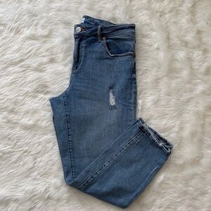 Loft Women’s Curvy Skinny Crop Distressed Classic Blue Denim Jeans Size 8